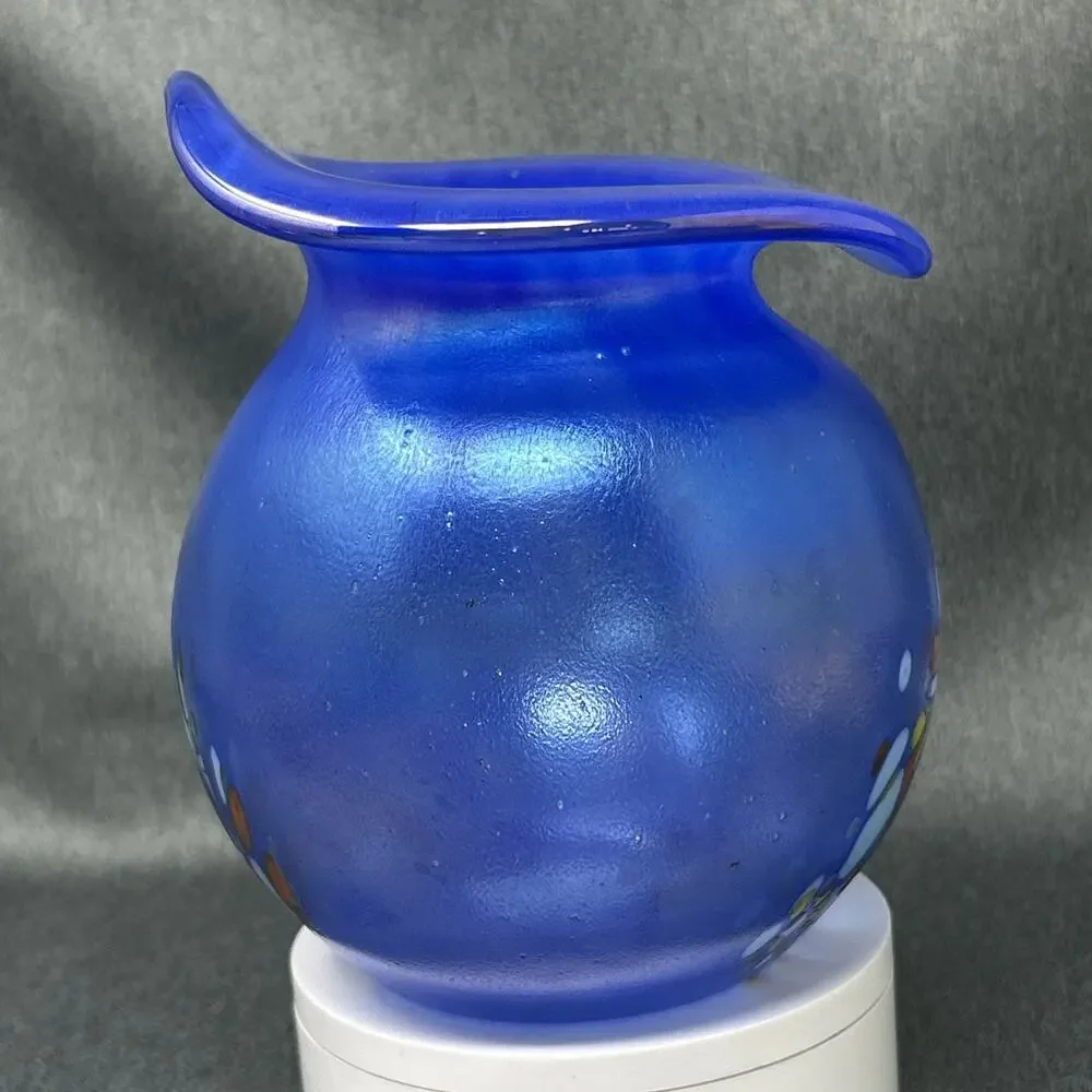 Von Poschinger Germany Blue Iridescent Art Glass Vase Confetti Flared Rim READ